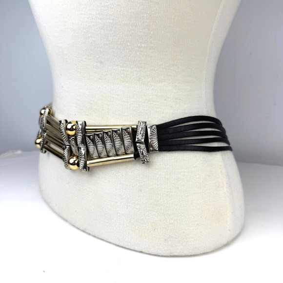 Vintage Mixed Metal Statement Belt Black Leather Gold Silver Sunburst Geometric - Picture 3 of 10